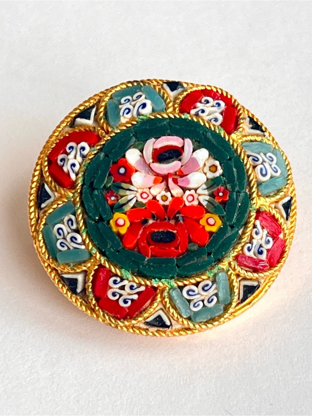Vintage Italian Micro Mosaic Floral Round Brooch Pin Signed Italy